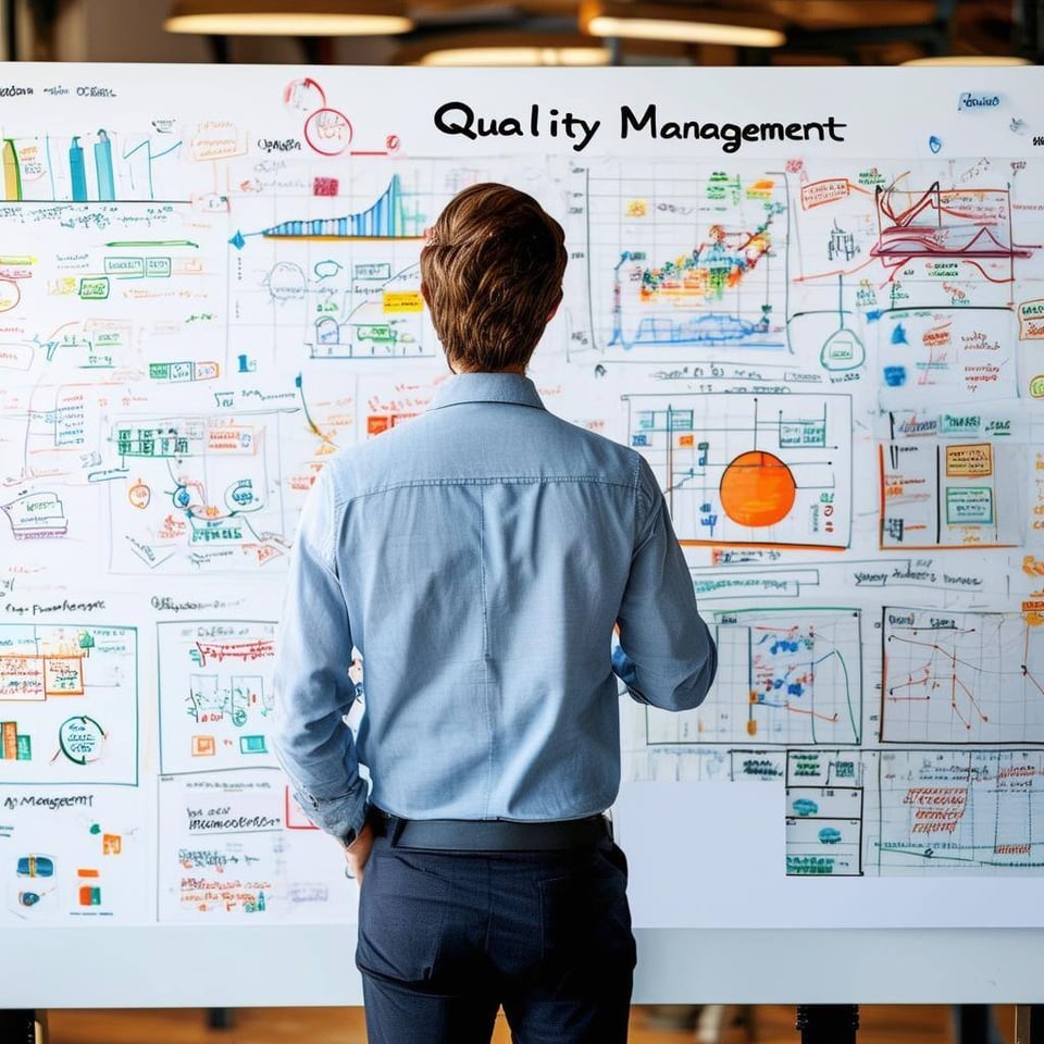 A person standing in front of a large whiteboard covered in diagrams and charts related to quality management